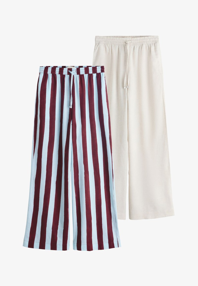 Deux pantalons à jambes larges avec taille élastique et cordons ; un beige uni, l'autre bleu clair avec des rayures verticales marron.