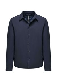 Giacca blu navy con bottoni, colletto a punta, bottoni frontali e maniche lunghe. Tessuto liscio e strutturato con un design minimalista.