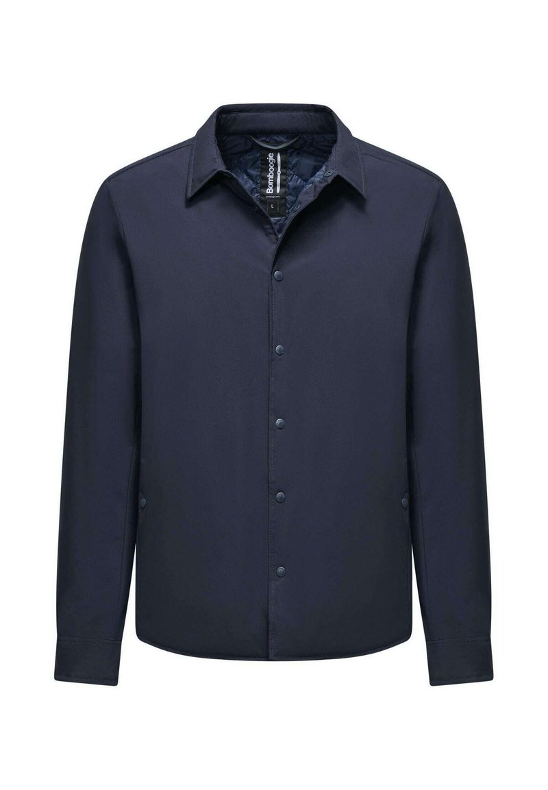 Giacca blu navy con bottoni, colletto a punta, bottoni frontali e maniche lunghe. Tessuto liscio e strutturato con un design minimalista.