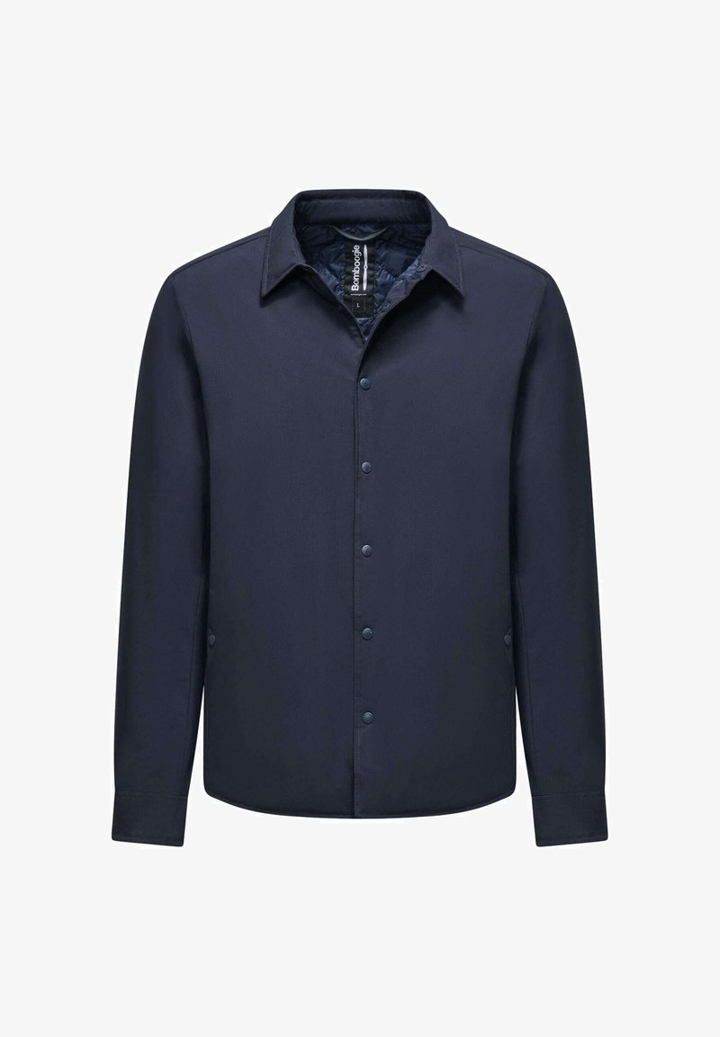 Giacca blu navy con bottoni, colletto a punta, bottoni frontali e maniche lunghe. Tessuto liscio e strutturato con un design minimalista.