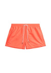 Neon pomarańczowe szorty kąpielowe wykonane z lekkiego materiału, z białym sznurkiem, elastycznym pasem i bocznymi kieszeniami.