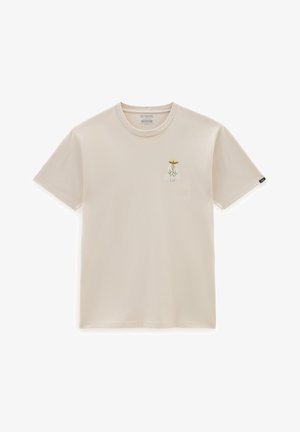 Beige bomullst-shirt med en liten blommig grafik och ordet "VANS" i färgglad text, med korta ärmar och rund halsringning.