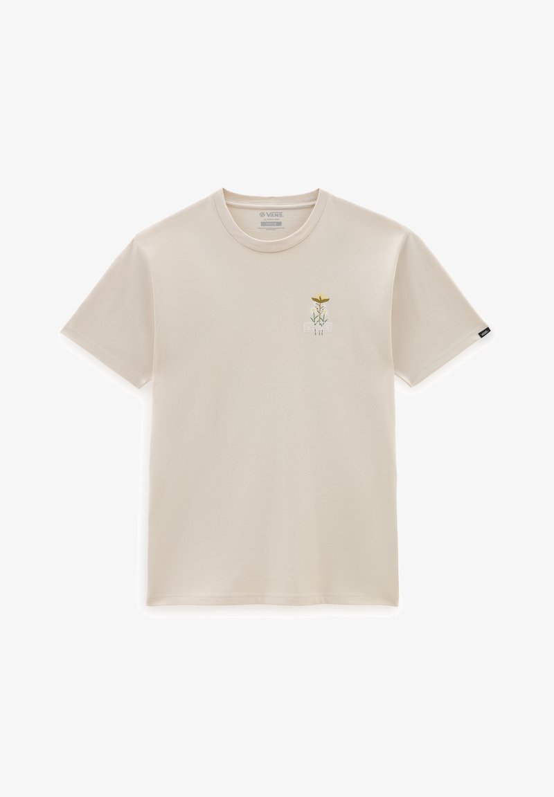 T-shirt en coton beige avec un petit motif floral et le mot "VANS" en texte coloré, à manches courtes et col rond.