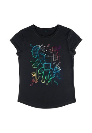 Czarna koszulka z krótkim rękawem z kolorowymi pikselowymi postaciami z Minecrafta w kolorach czerwonym, niebieskim, żółtym i zielonym na jednolitym tle.