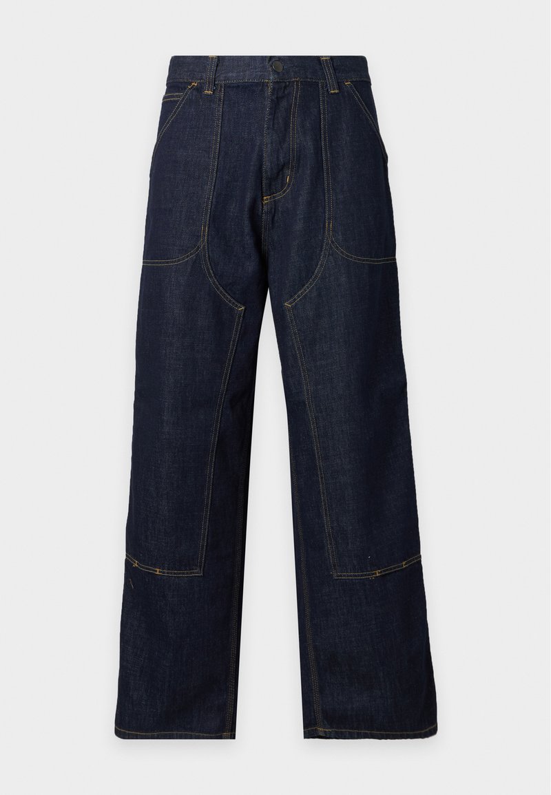 Dark blue wide-leg denim pants with contrast stitching, front patch pockets, and a button closure at the waist.