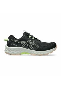 Zapatilla de correr Asics Gel-Venture 10 en blanco y negro con acentos verdes, suela con patrón y diseño de cordones, mostrada desde un lado.