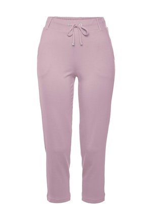 Lilafarbene Jogginghosen aus weichem Stoff, mit elastischem Bund und Kordelzug sowie schmal zulaufendem Bein. Glatte Textur und ohne Muster.
