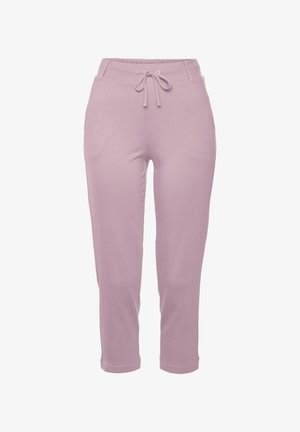Lilafarbene Jogginghosen aus weichem Stoff, mit elastischem Bund und Kordelzug sowie schmal zulaufendem Bein. Glatte Textur und ohne Muster.