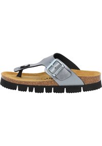 Grå læder flip-flop sandal med en sort rem, kork sål og struktureret gummisål med en spændeaccent.