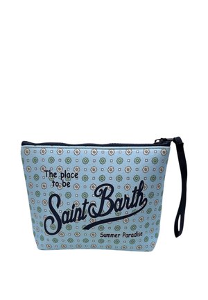 Borsa per trucchi floreale azzurro chiaro con cerniera nera e tracolla, testo "The place to be Saint Barth Summer Paradise" sul davanti.