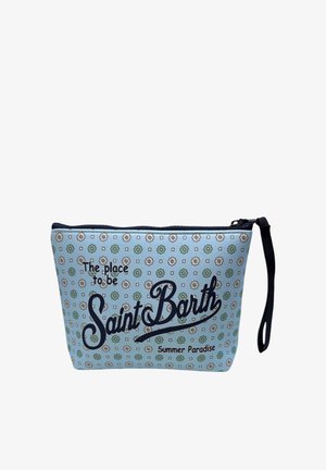 Borsa per trucchi floreale azzurro chiaro con cerniera nera e tracolla, testo "The place to be Saint Barth Summer Paradise" sul davanti.