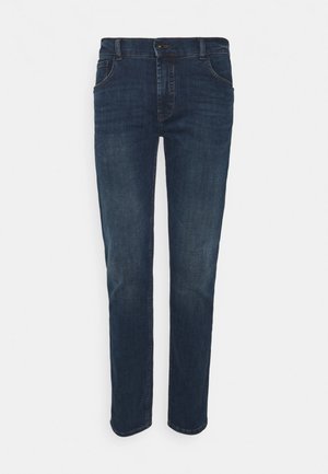 Dunkelblaue Jeans aus Denim mit geradem Bein, fünf Taschen, mit Ziernähten und einem Knopfverschluss. Glatte Textur, lässiges Design.
