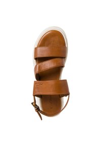 Brown leather sandal with three wide straps, white midsole, and adjustable buckle detail on the heel. Smooth texture with minimal design elements.