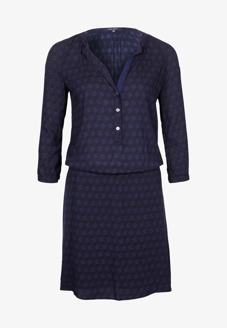 Robe bleu marine boutonnée avec manches longues et motif circulaire. En tissu léger, elle présente une coupe décontractée et une couture à la taille.