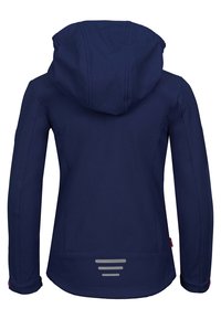 Navy blue lightweight jacket with a hood, featuring a smooth texture, reflective stripes at the back, and pink accents on sleeve cuffs.