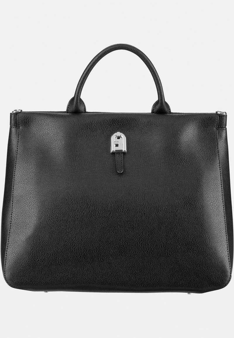 Sac à main en cuir noir avec des poignées arrondies sur le dessus et une boucle argentée à l'avant sur un fond uni.