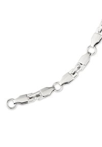 Bracciale in argento lucido con link geometrici interconnessi e anelli circolari su uno sfondo bianco.