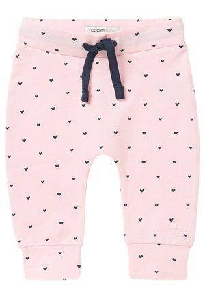Pantalon rose pour bébé avec petits motifs de cœurs noirs, cordon bleu marine, poignets côtelette et étiquette Noppies bébé à la taille.