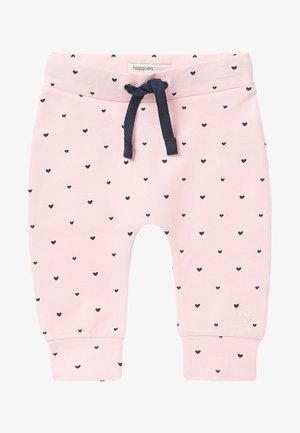 Pantalon rose pour bébé avec petits motifs de cœurs noirs, cordon bleu marine, poignets côtelette et étiquette Noppies bébé à la taille.