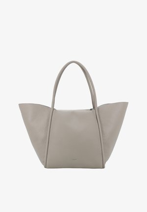 Graue Ledertasche mit geräumiger Form, abgerundetem Oberteil und zwei langen Griffen. Verfügt über eine glatte Textur und dezente Markenkennzeichnung vorne.