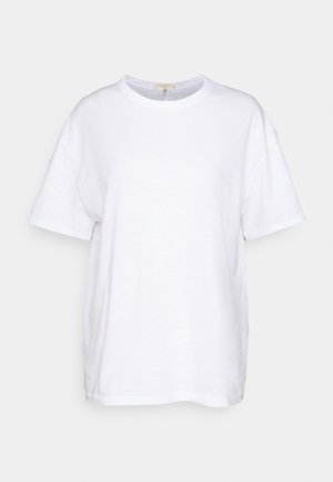 Maglietta bianca a maniche corte in cotone. Presenta un collo rotondo e una vestibilitàcomoda, con una texture liscia e senza motivi o accenti visibili.