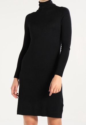 Robe à col roulé noire, manches longues, silhouette ajustée, ourlet de longueur moyenne, texture lisse, sans motifs ni ornements visibles.