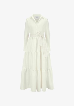 Langärmliges weißes Kleid mit Button-Down-Kragen, ausgestellter Taille und gestuftem Rockdesign. Hergestellt aus einem weichen Stoff mit glatter Textur.