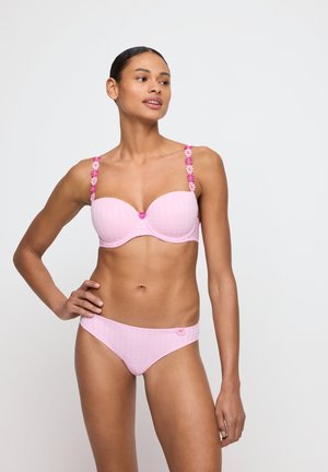 Pink checkered bikini set featuring a lightly padded bra with floral accents on the straps and decorative details on the bikini bottom.