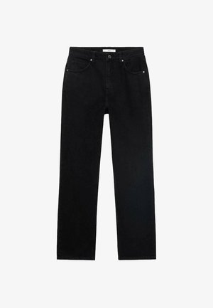 Blugi din denim negru cu croială dreaptă, cinci buzunare, închidere cu nasture metalic și detalii de cusătură subtile.Țesătură moale și design durabil.