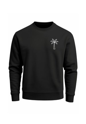 Black sweatshirt made from fleece, featuring a white outline of a palm tree on the left chest. Ribbed cuffs and hem, crew neck design.