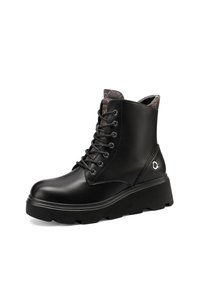 Stivali alla caviglia in pelle nera con suola spessa, punta rotonda, lacci frontali e rivestimento in tessuto fantasia nella parte superiore. Accenti in metallo argento.