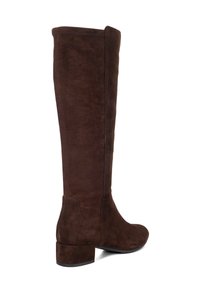 Dark brown suede knee-high boot with low block heel and rounded toe, shown from a side-back angle on a white background.