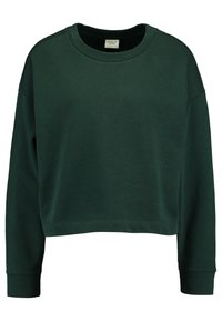 Zielona krótka bluza z długimi rękawami, okrągłym dekoltem i ściągaczami na mankietach. Wykonana z miękkiej tkaniny, o prostym, czystym designie.