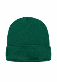 Zielona dziana czapka beanie z podwiniętym brzegiem, charakteryzująca się prążkowaną teksturą i bezszwowym wierzchem. Wykonana z miękkiego, elastycznego materiału.