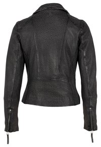 Schwarze Lederjacke mit einem strukturierten Muster, tailliertem Design und Reißverschlussbündchen. Verfügt über einen Standardkragen und eine Nahtdetailierung am Rückenpasse.