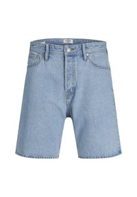Shorts di denim azzurro chiaro con chiusura a bottone e cerniera, passanti per cintura e tasche frontali, esposti su uno sfondo bianco.