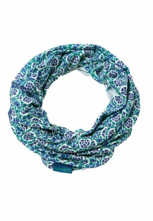 Infinity scarf with blue, green, and white floral pattern, made of soft fabric, featuring a small "FatFace" label.