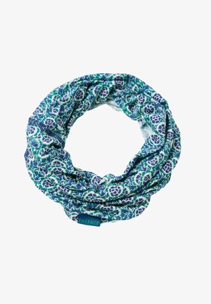 Esarfă infinită cu model floral albastru, verde și alb, realizată dintr-un material moale, cu o etichetă mică "FatFace".