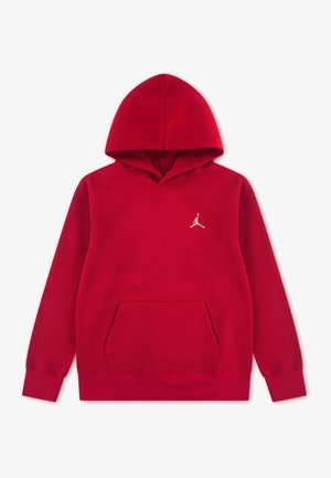 Rød hættetrøje med lange ærmer, forreste kængurulomme og lille hvid Jumpman-logo på brystet.