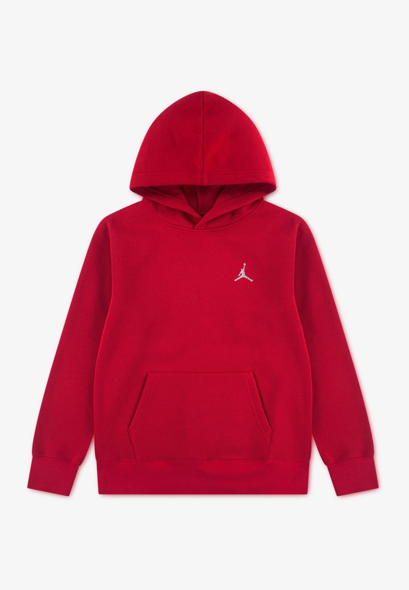 Sweat à capuche rouge à manches longues, poche kangourou avant et petit logo blanc Jumpman sur la poitrine.