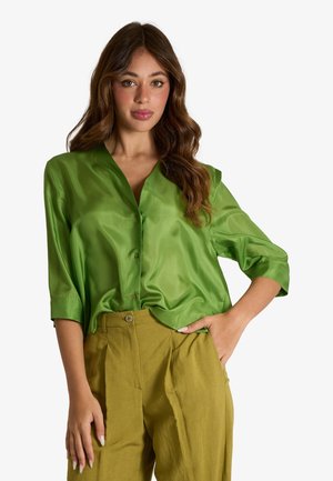 Donna con lunghi capelli castani che indossa una camicetta verde lucida con maniche a tre quarti e pantaloni a vita alta verde oliva.