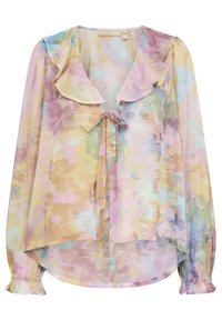 Blusa trasparente con colletto arricciato, con motivi ad acquerello pastello nei toni di rosa, blu e giallo. Presenta un nodo frontale e maniche arricciate.
