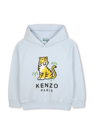 Haut à capuche bleu clair avec un graphique de tigre sur le devant et le texte "KENZO PARIS". Présente une capuche avec cordon de serrage et des poignets côtelés aux manches et à la taille.