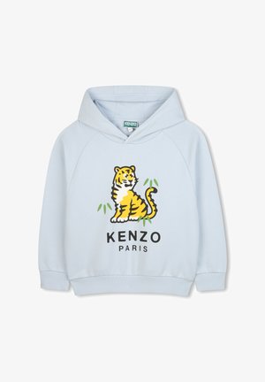 Lichtblauwe hoodie met een vooraanstaande tijgerafbeelding en de tekst "KENZO PARIS". Voorzien van een trekkoord in de capuchon en ribgebreide manchetten aan de mouwen en de tailleband.