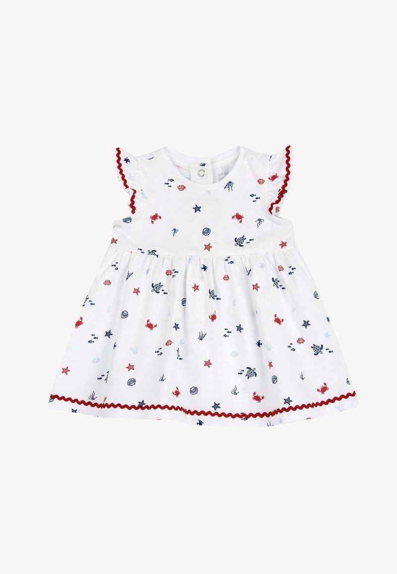 Vestido de algodón blanco con mangas cortas con volantes, que presenta estampados coloridos de temática marina y un borde rojo festoneado en el dobladillo.