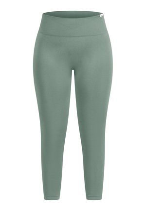 Leggings verdi realizzati in un tessuto liscio e elastico. Vita alta elasticizzata, design aderente, con taglio alla caviglia. Nessun motivo o accento visibile.