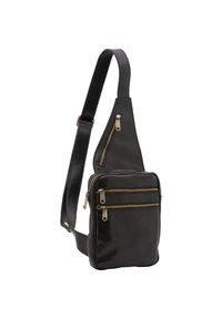 Borsa a tracolla in pelle nera con design minimalista, un compartmento principale e due tasche frontali con zip e dettagli in oro.