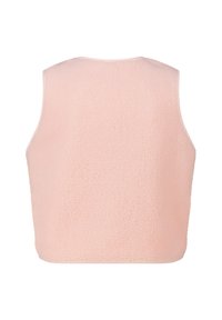 Fleece vest, lichtroze kleur, mouwloos ontwerp, zachte textuur, afgeronde schouders en rechte zoom, zonder zichtbare sluitingen of details.