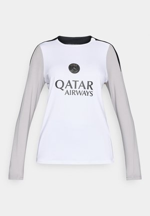 Langermet sportsskjorte i hvit med lysegrå ermer, rund hals, svarte detaljer og QATAR AIRWAYS-logo foran.