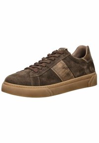 Brown suede sneaker with a textured finish, flat lace-up design, rubber sole, and a contrasting stripe across the upper for added detail.
